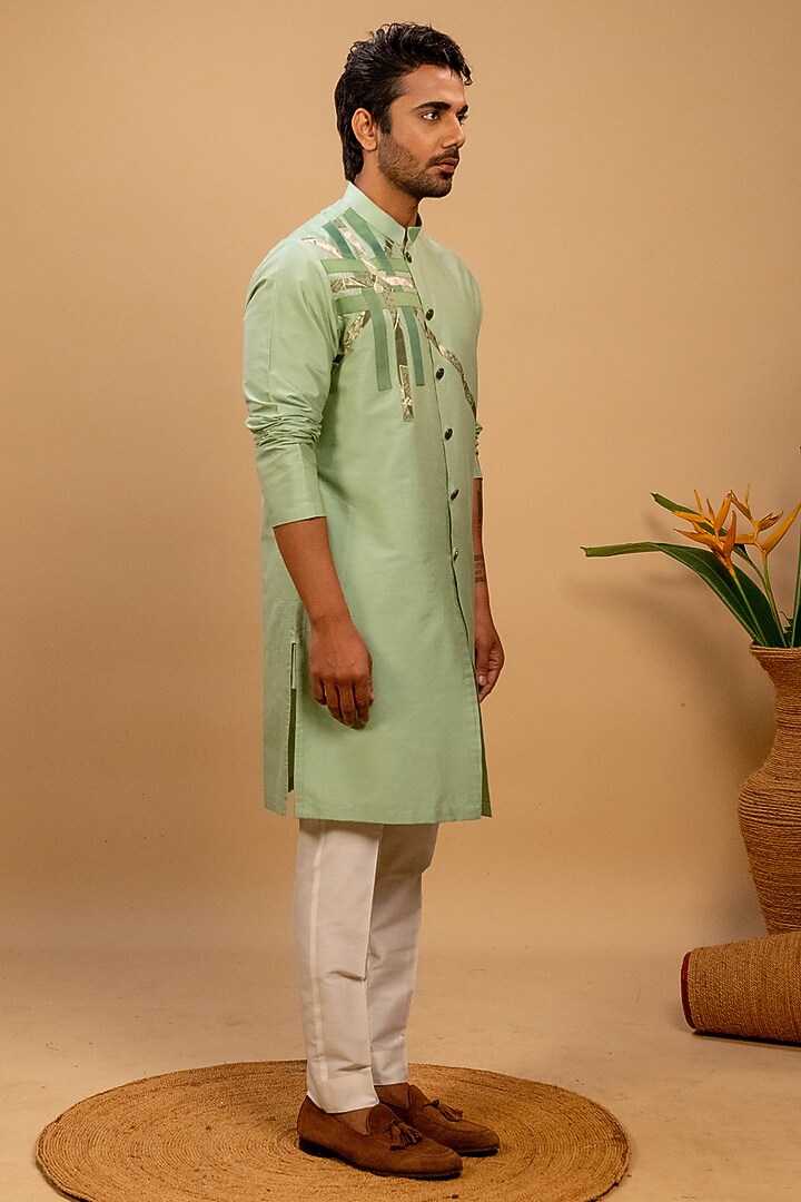 Green Cotton Silk Printed Achkan Kurta Set by Agape Men at Pernia's Pop Up Shop