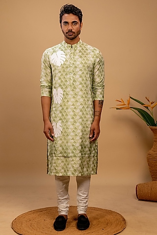 Green Muslin Printed Kurta Set by Agape Men