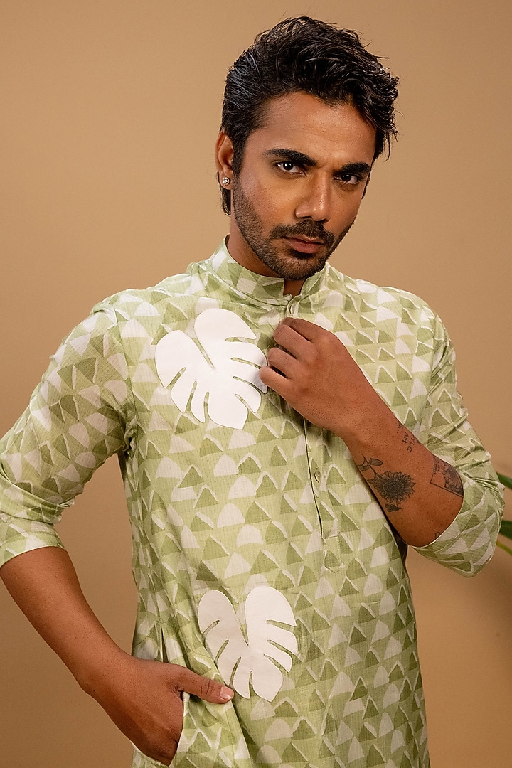 Green Muslin Printed Kurta Set by Agape Men at Pernia's Pop Up Shop