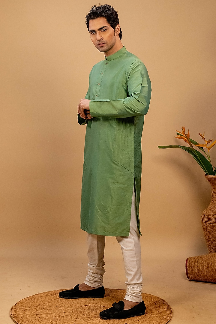 Green Cotton Silk Kurta Set by Agape Men
