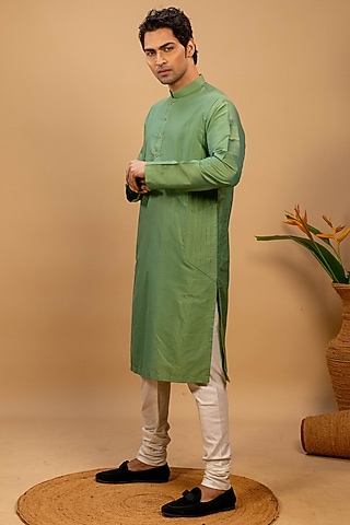 Green Cotton Silk Kurta Set by Agape Men