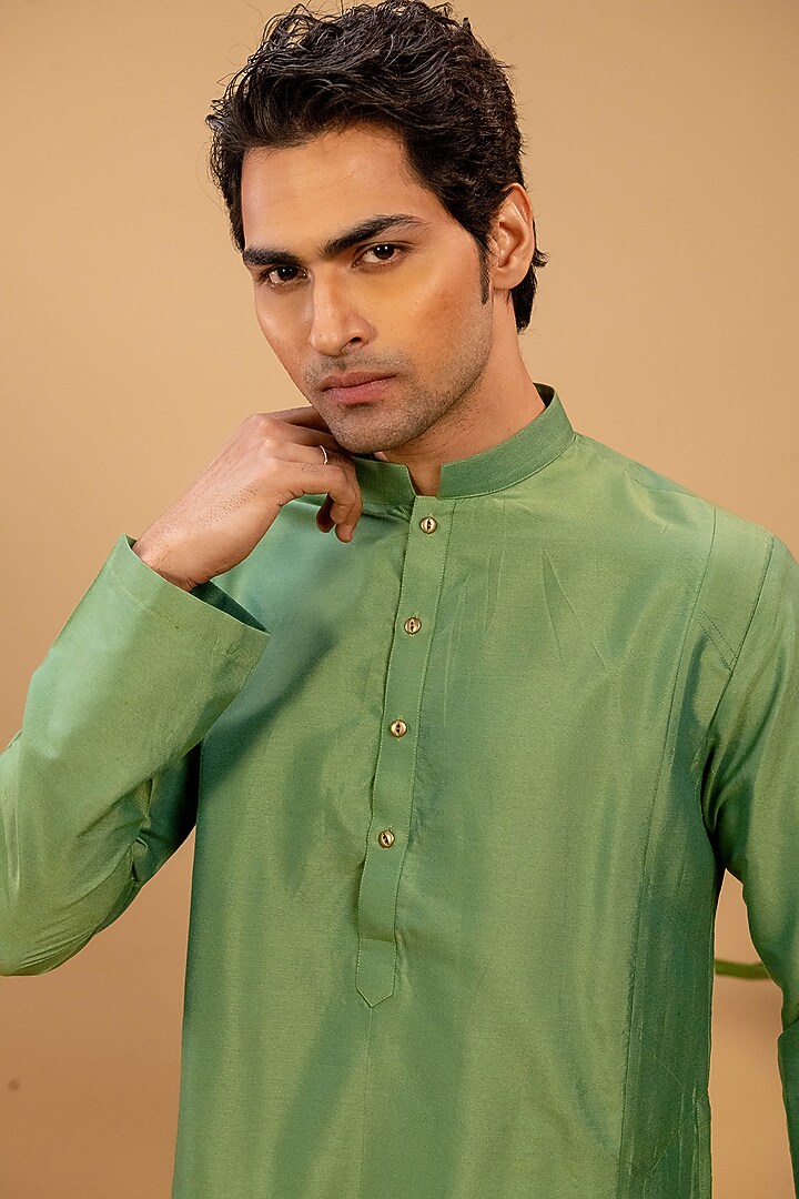 Green Cotton Silk Kurta Set by Agape Men at Pernia's Pop Up Shop