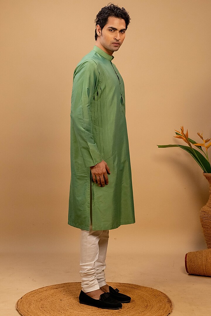 Green Cotton Silk Kurta Set by Agape Men at Pernia's Pop Up Shop