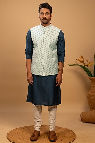 Sky Blue Silk Hand Embroidered Bundi Jacket Set by Agape Men