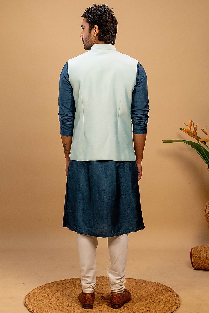 Sky Blue Silk Hand Embroidered Bundi Jacket Set by Agape Men at Pernia's Pop Up Shop