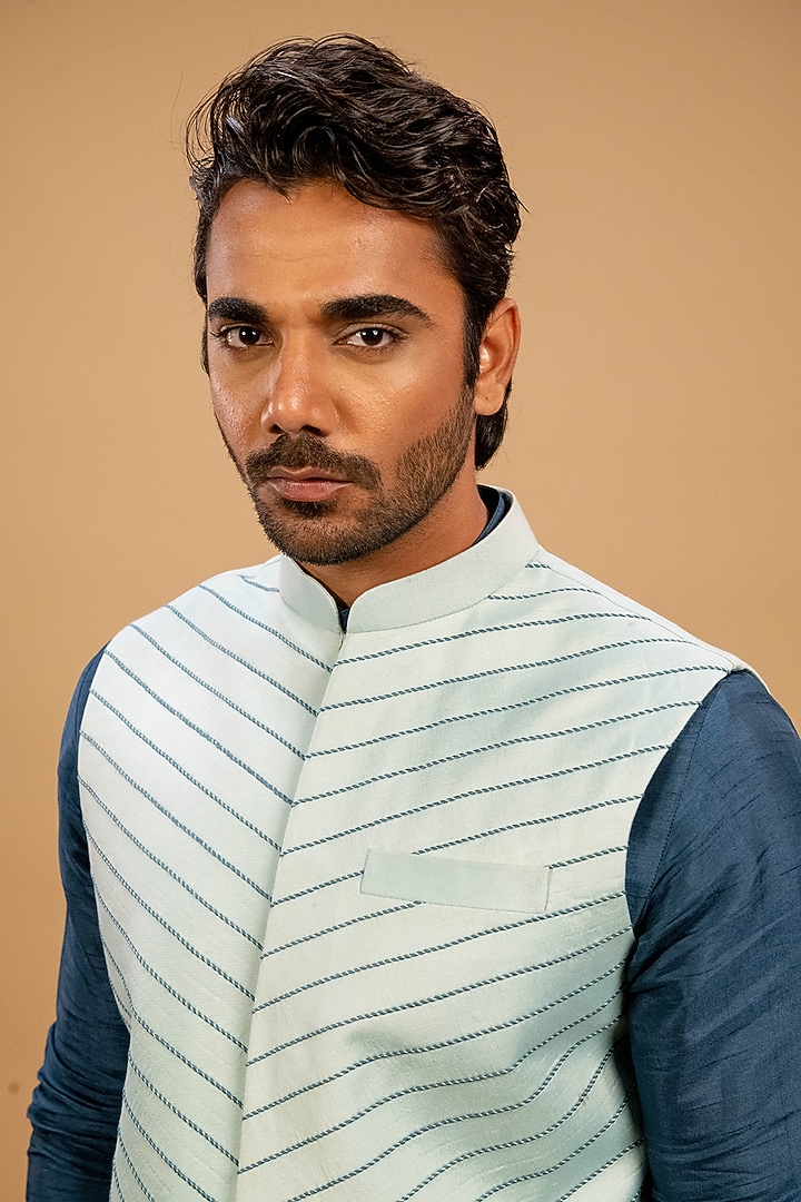 Sky Blue Silk Hand Embroidered Bundi Jacket Set by Agape Men at Pernia's Pop Up Shop