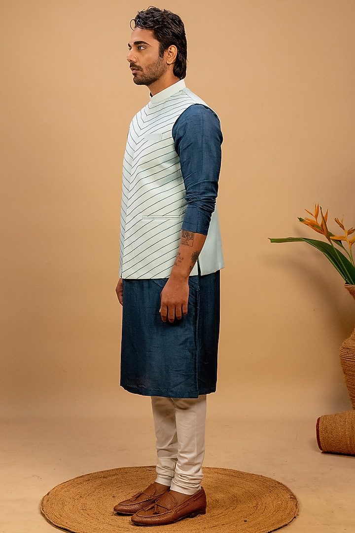 Sky Blue Silk Hand Embroidered Bundi Jacket Set by Agape Men at Pernia's Pop Up Shop