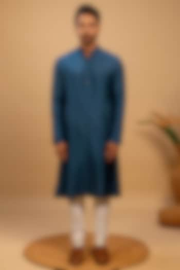 Blue Silk Kurta Set by Agape Men