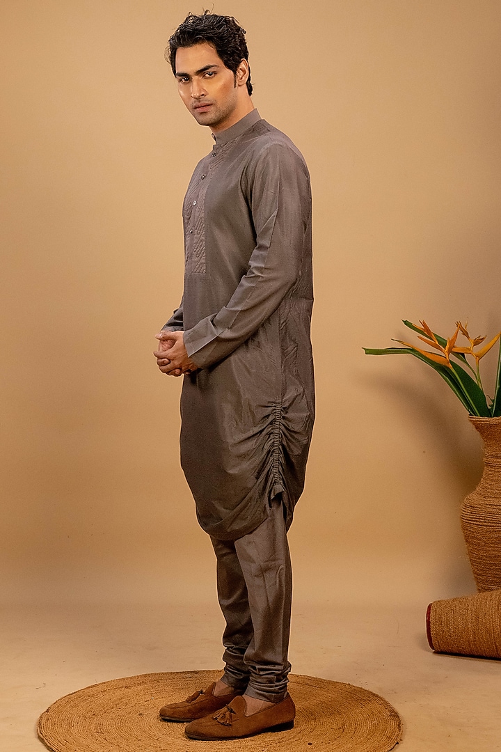 Greyish Brown Cotton Silk Embroidered Kurta Set by Agape Men at Pernia's Pop Up Shop