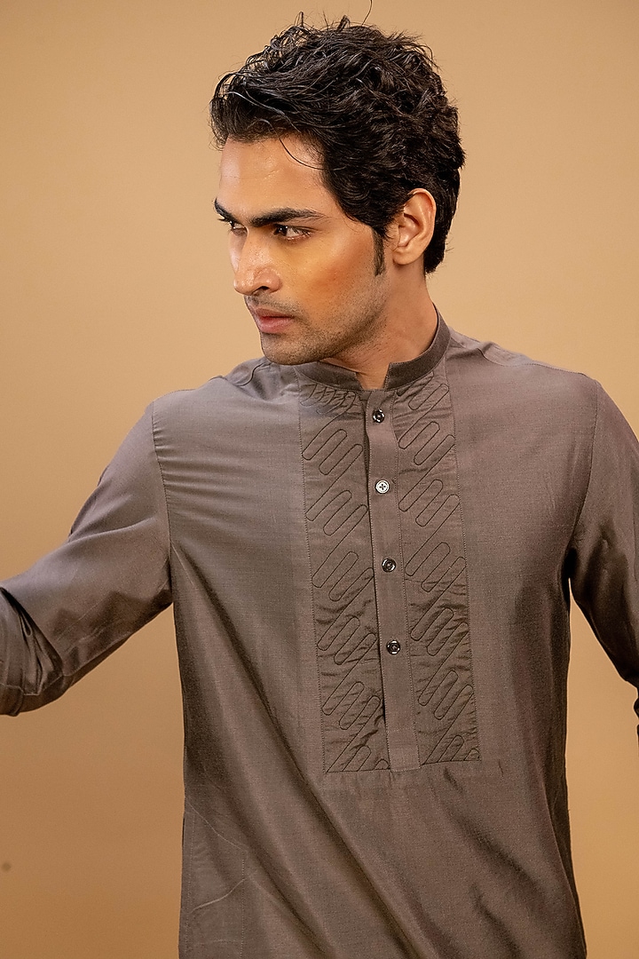 Greyish Brown Cotton Silk Embroidered Kurta Set by Agape Men at Pernia's Pop Up Shop