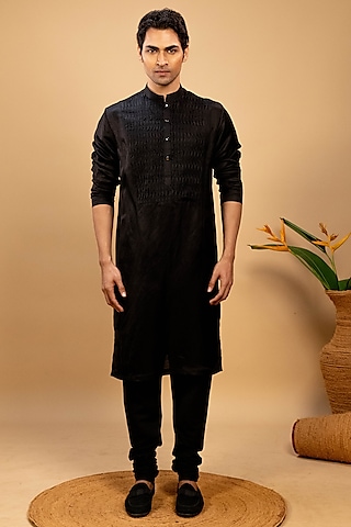 Black Cotton Kurta Set by Agape Men