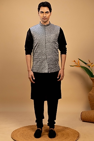 Grey Cotton Satin Bundi Jacket Set by Agape Men