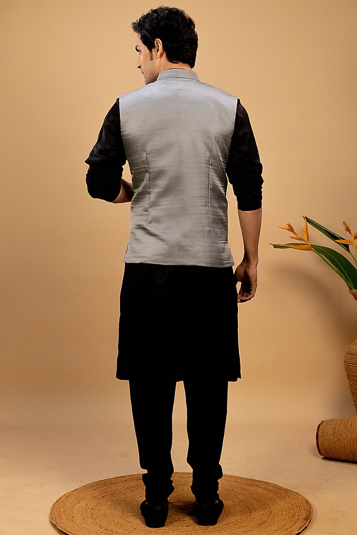 Grey Cotton Satin Bundi Jacket Set by Agape Men at Pernia's Pop Up Shop