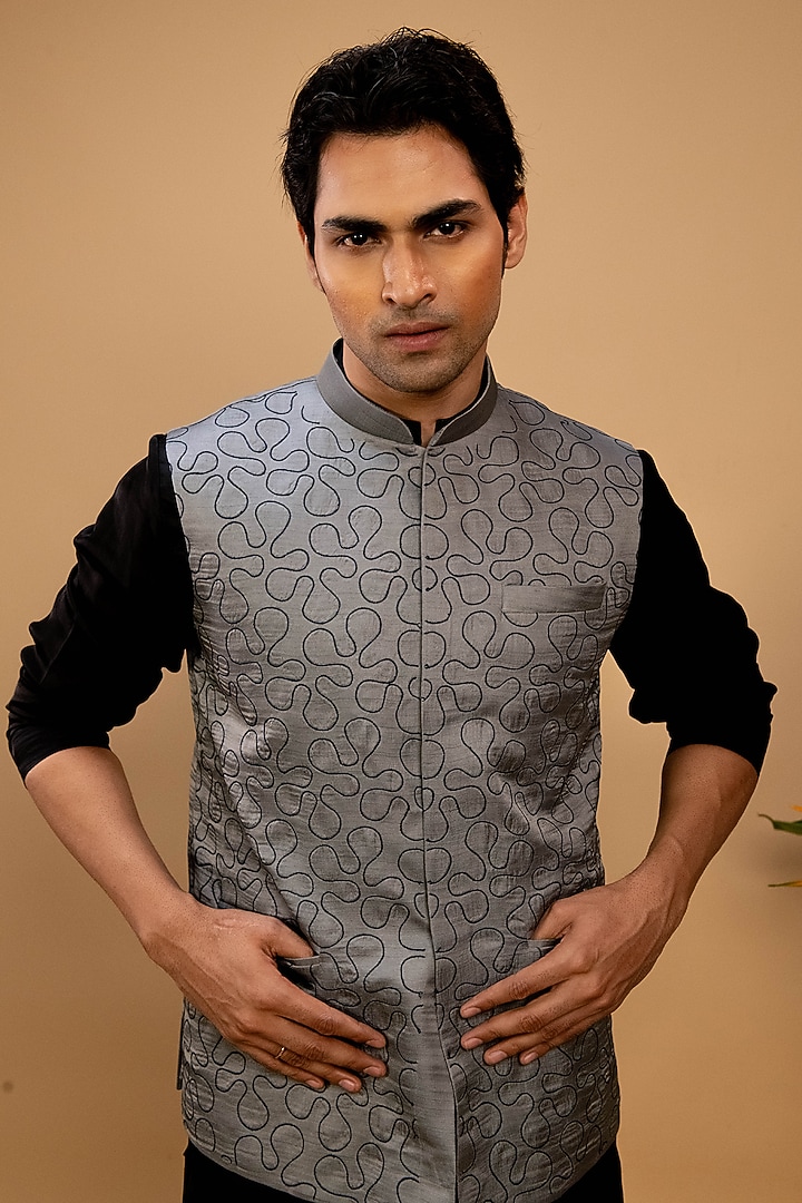 Grey Cotton Satin Bundi Jacket Set by Agape Men at Pernia's Pop Up Shop