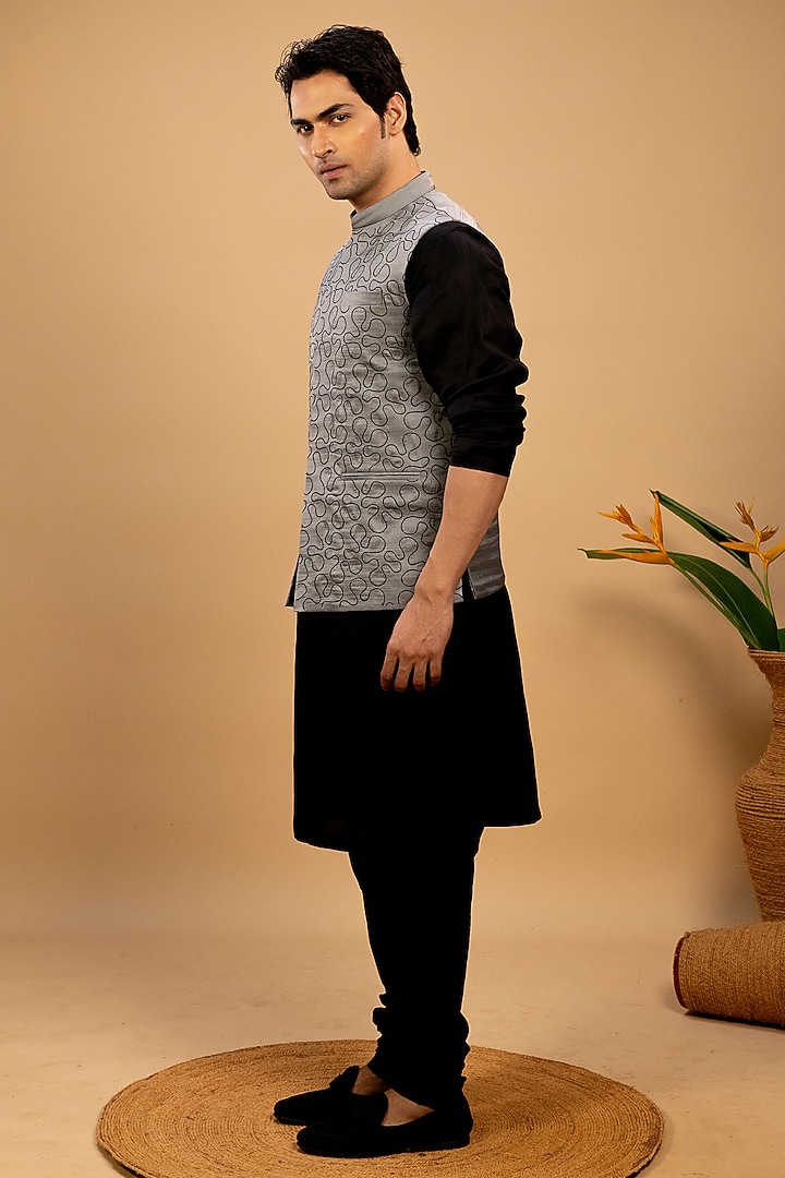 Grey Cotton Satin Bundi Jacket Set by Agape Men at Pernia's Pop Up Shop