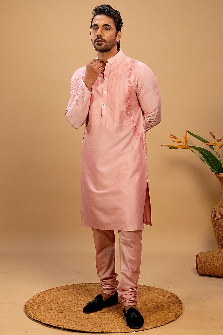Pink Cotton Silk Applique Work Kurta Set by Agape Men