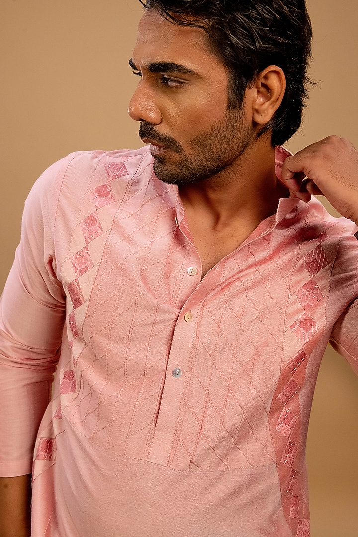 Pink Cotton Silk Applique Work Kurta Set by Agape Men at Pernia's Pop Up Shop