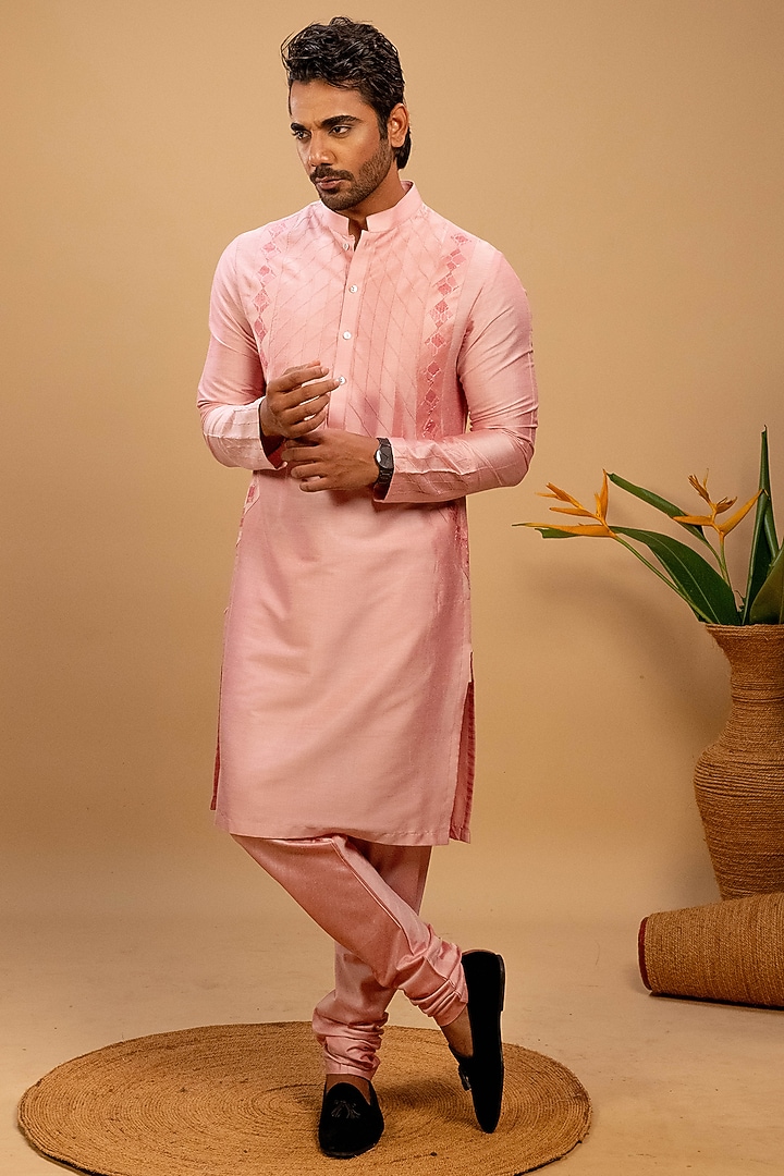 Pink Cotton Silk Applique Work Kurta Set by Agape Men at Pernia's Pop Up Shop