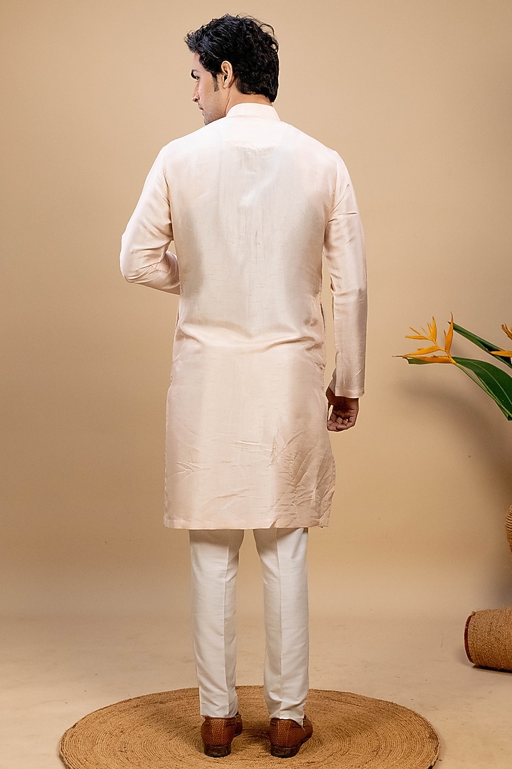 Peach Silk Embroidered Kurta Set by Agape Men at Pernia's Pop Up Shop