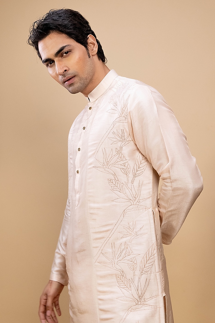 Peach Silk Embroidered Kurta Set by Agape Men at Pernia's Pop Up Shop