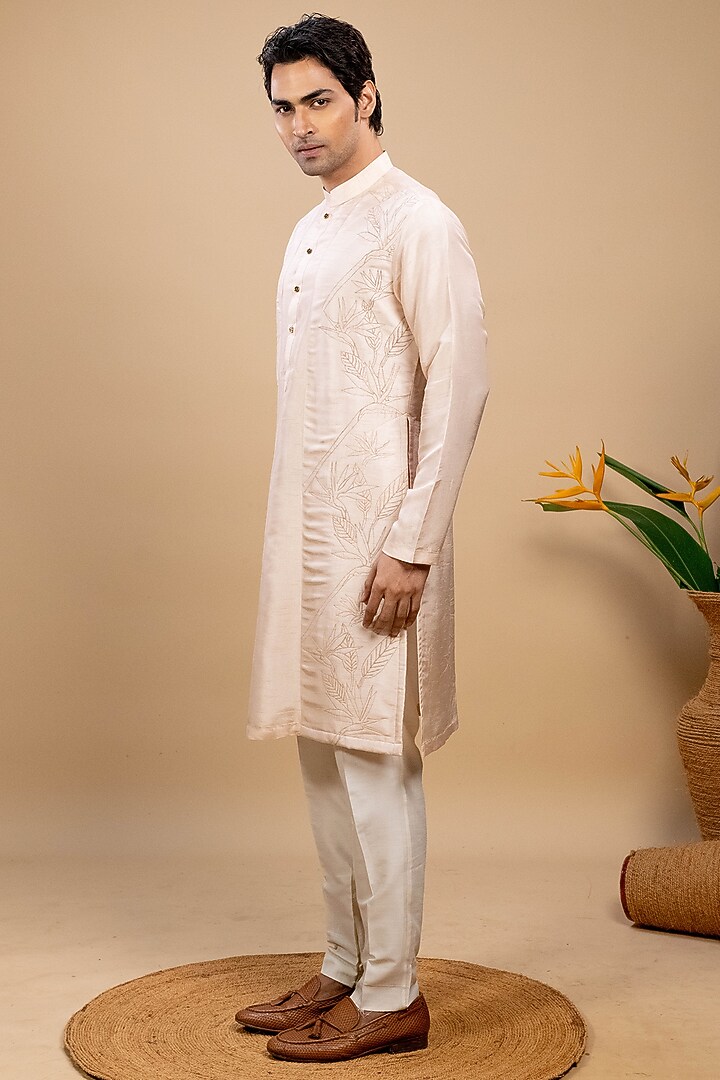 Peach Silk Embroidered Kurta Set by Agape Men at Pernia's Pop Up Shop