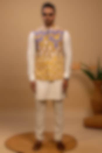 Yellow Silk Printed Bundi Jacket Set by Agape Men