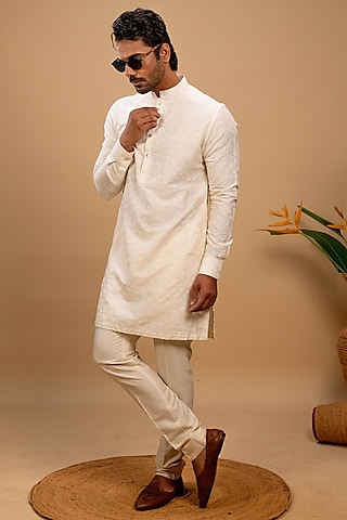 Ivory Silk Embroidered Kurta Set by Agape Men
