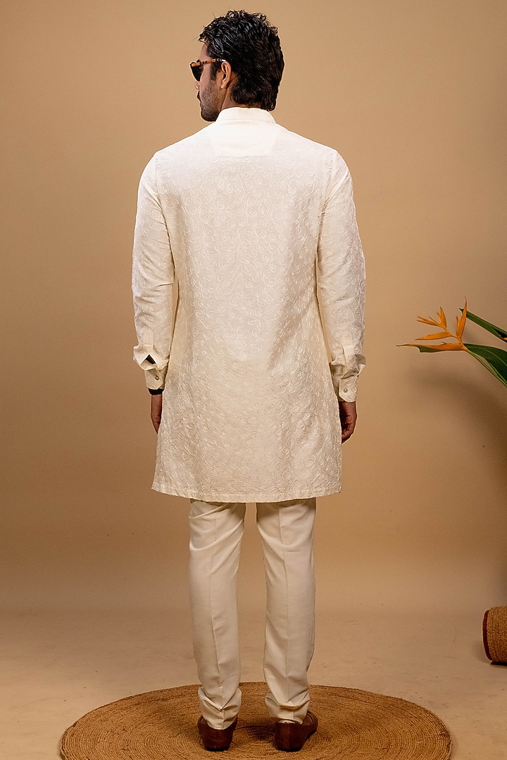Ivory Silk Embroidered Kurta Set by Agape Men at Pernia's Pop Up Shop