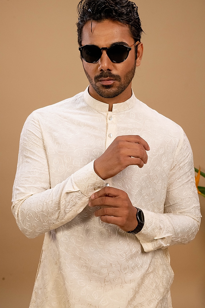 Ivory Silk Embroidered Kurta Set by Agape Men at Pernia's Pop Up Shop