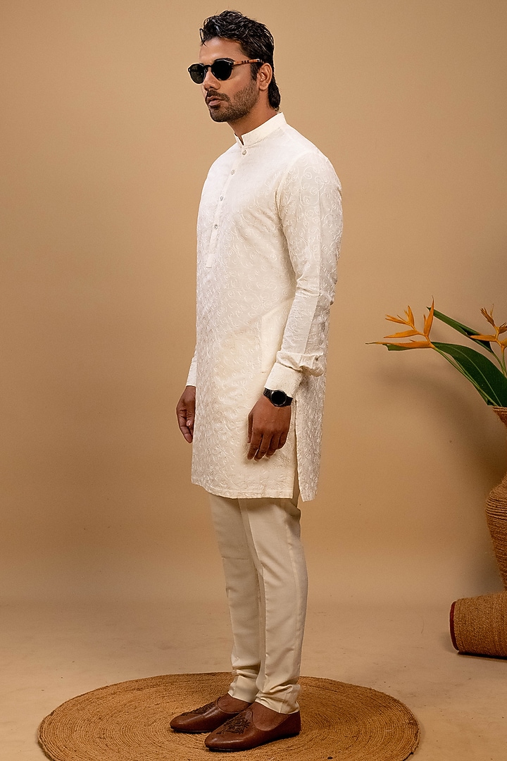 Ivory Silk Embroidered Kurta Set by Agape Men at Pernia's Pop Up Shop