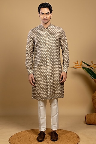 Beige Muslin Printed Kurta Set by Agape Men