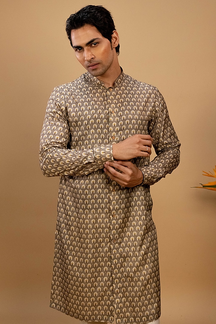 Beige Muslin Printed Kurta Set by Agape Men at Pernia's Pop Up Shop