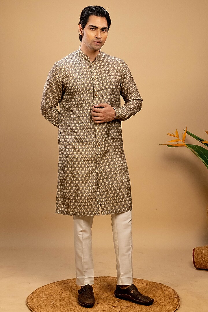 Beige Muslin Printed Kurta Set by Agape Men at Pernia's Pop Up Shop