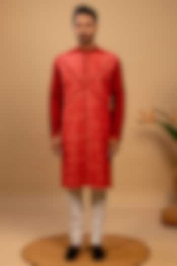 Red Cotton Silk Printed Kurta Set by Agape Men