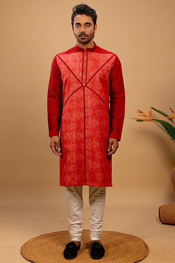 Red Cotton Silk Printed Kurta Set by Agape Men