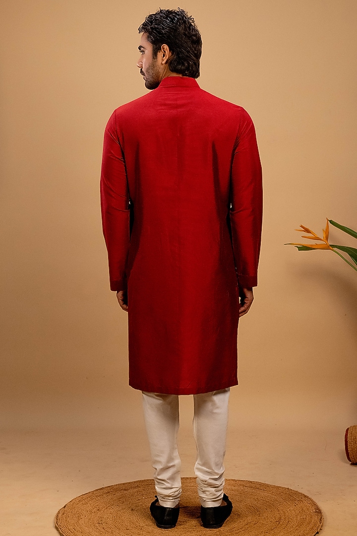 Red Cotton Silk Printed Kurta Set by Agape Men at Pernia's Pop Up Shop