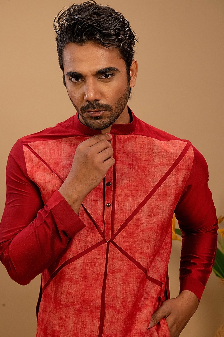 Red Cotton Silk Printed Kurta Set by Agape Men at Pernia's Pop Up Shop