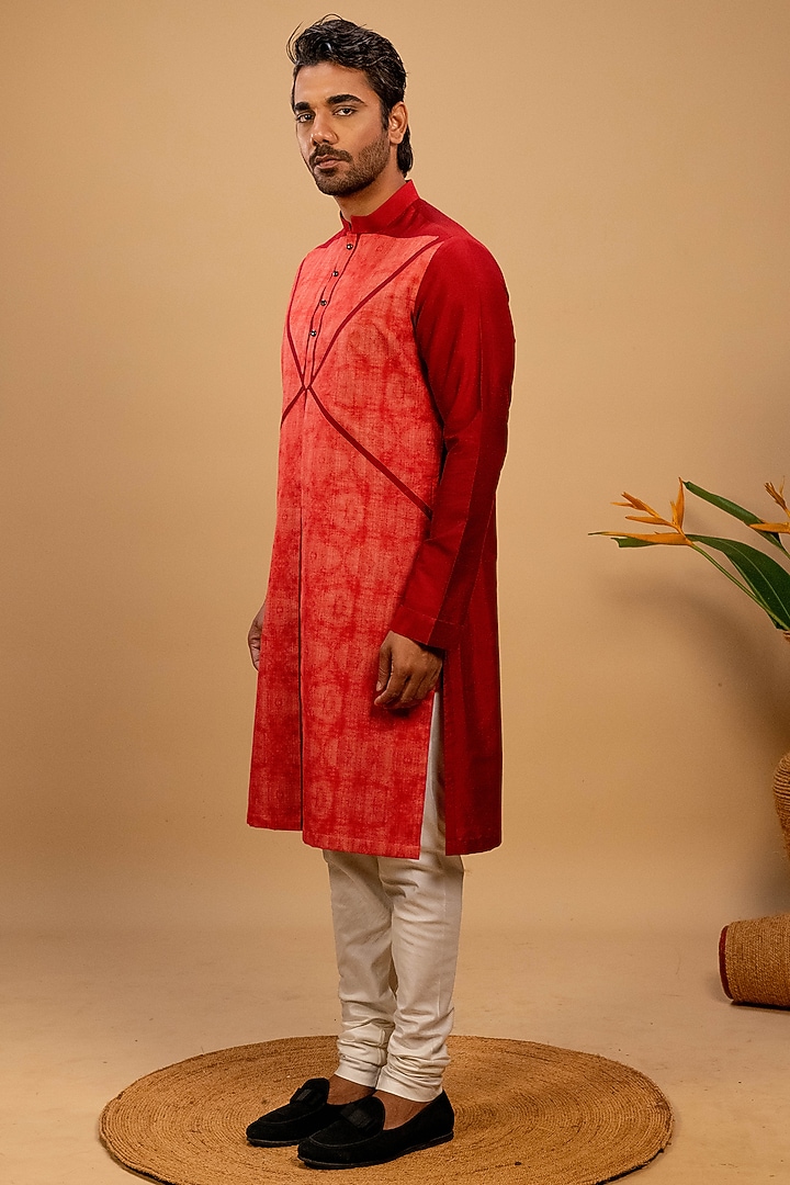 Red Cotton Silk Printed Kurta Set by Agape Men at Pernia's Pop Up Shop