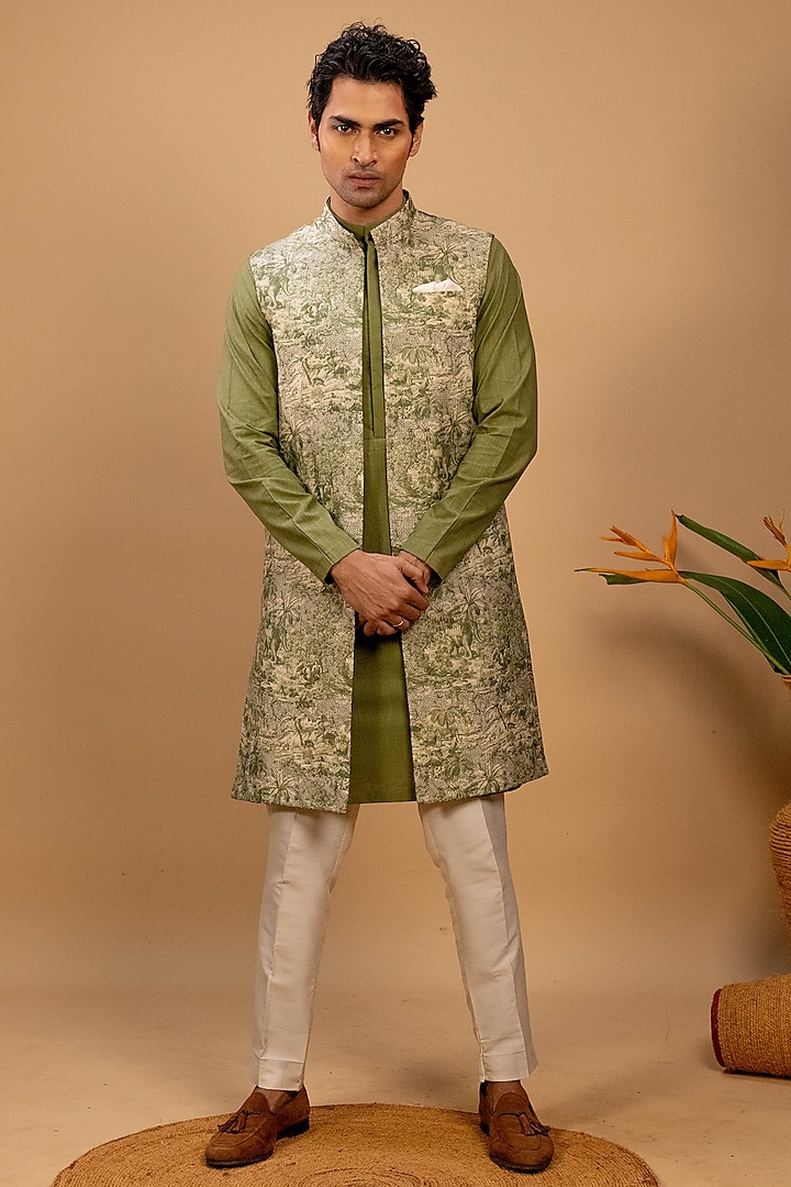 Green Cotton Linen & Cotton Silk Printed & Embroidered Indowestern Set by Agape Men