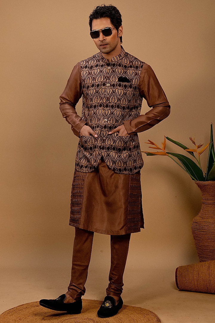 Brown Silk Printed Bundi Jacket Set by Agape Men