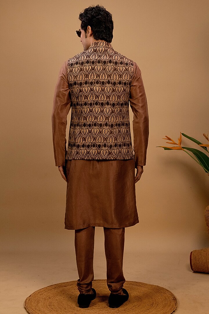 Brown Silk Printed Bundi Jacket Set by Agape Men at Pernia's Pop Up Shop