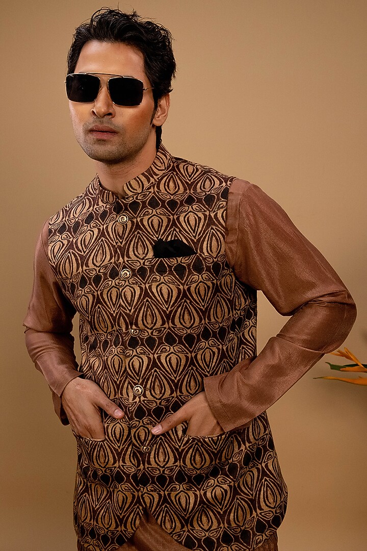 Brown Silk Printed Bundi Jacket Set by Agape Men at Pernia's Pop Up Shop