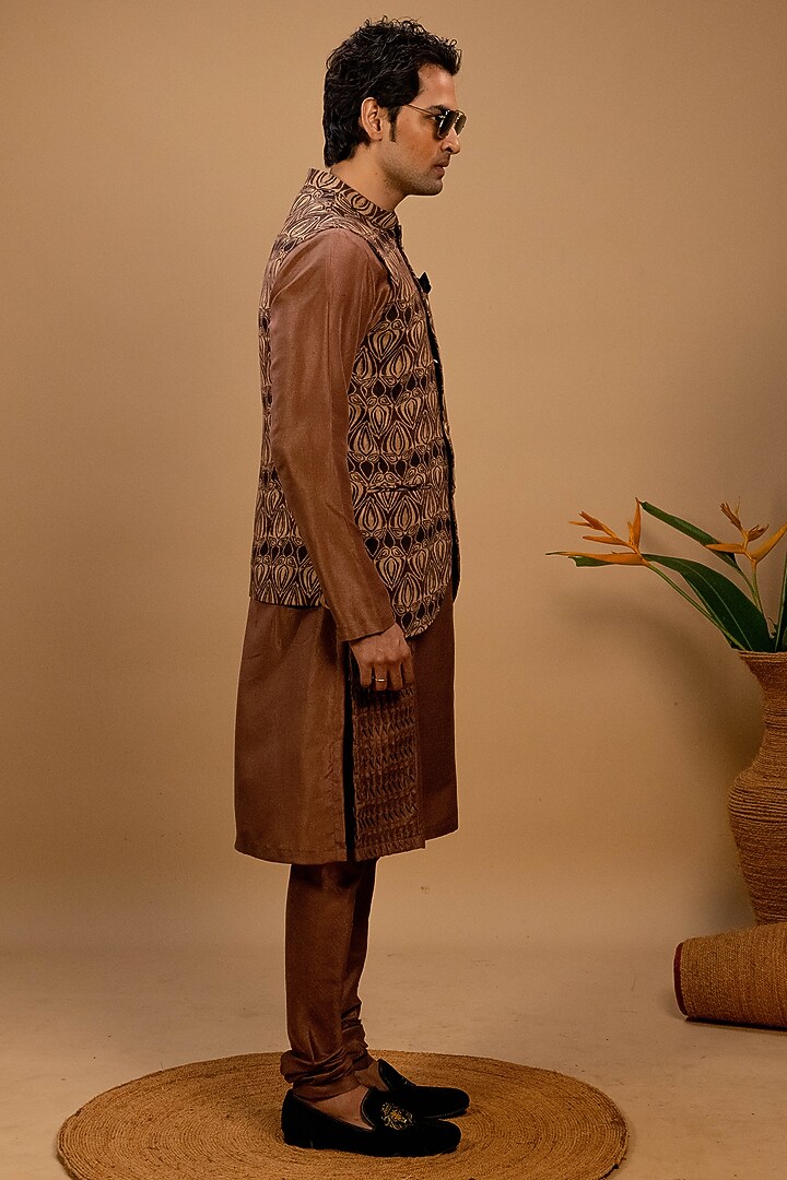 Brown Silk Printed Bundi Jacket Set by Agape Men at Pernia's Pop Up Shop