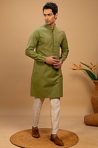 Green Cotton Embroidered Kurta Set by Agape Men