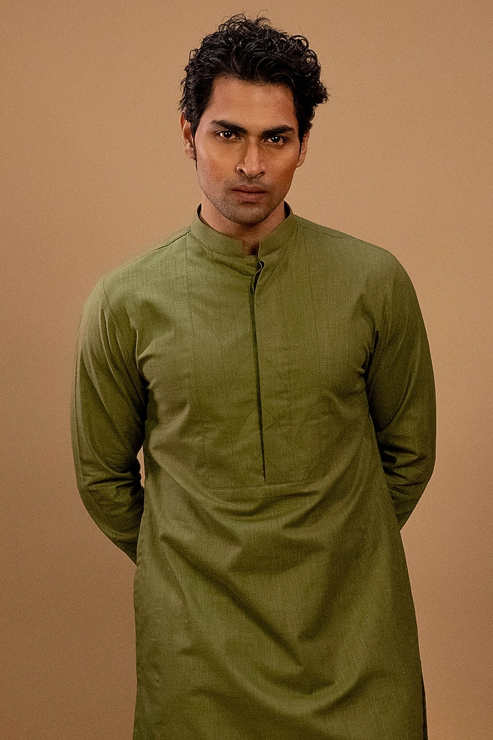 Green Cotton Embroidered Kurta Set by Agape Men at Pernia's Pop Up Shop