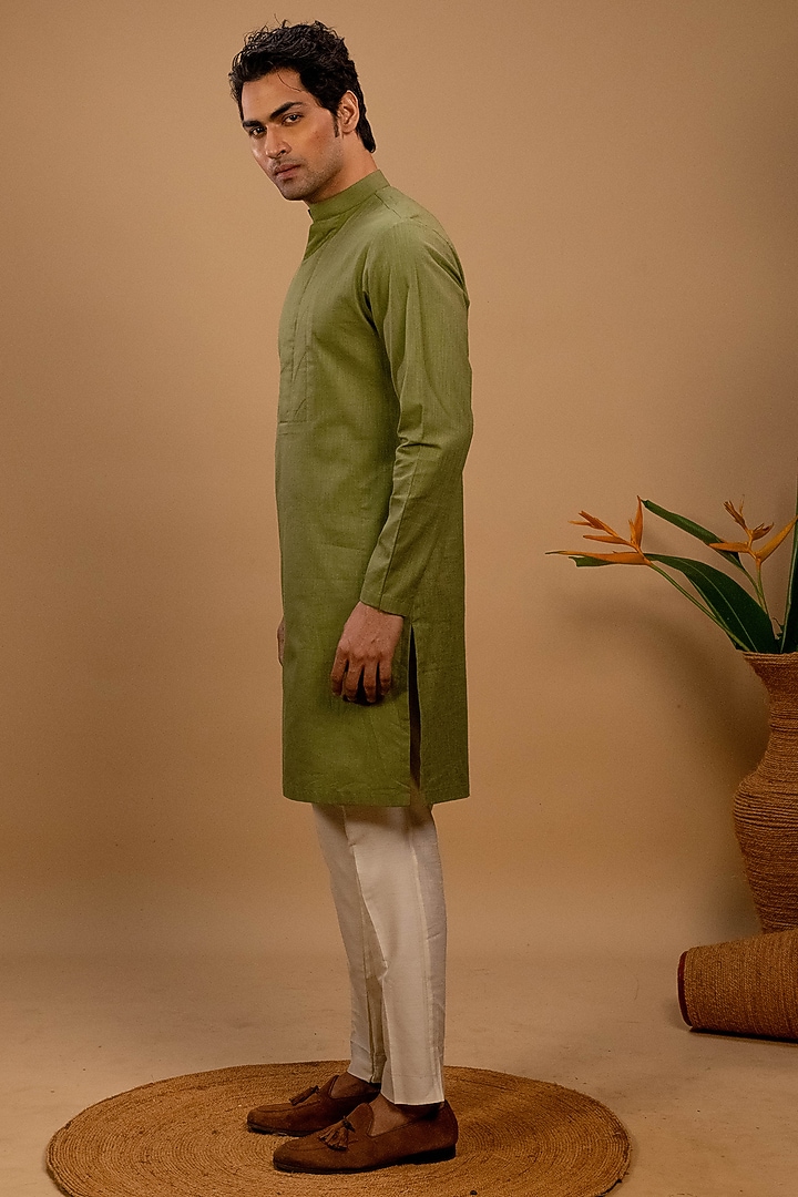 Green Cotton Embroidered Kurta Set by Agape Men at Pernia's Pop Up Shop