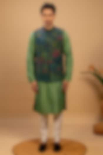 Green Cotton Silk Printed & Embroidered Bundi Jacket Set by Agape Men
