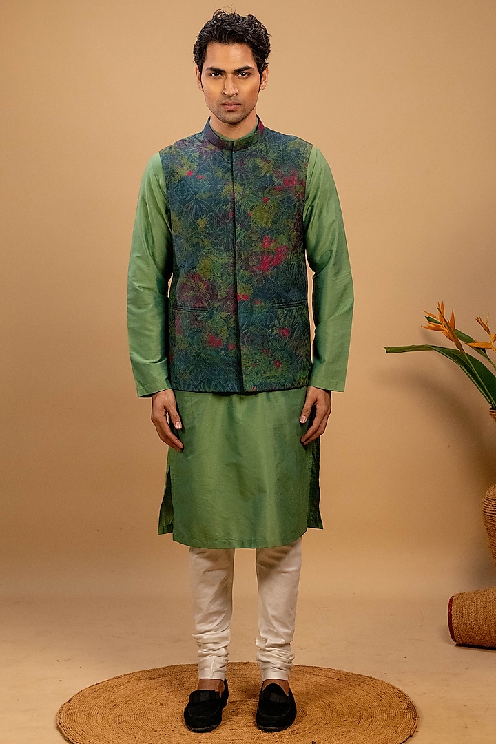 Green Cotton Silk Printed & Embroidered Bundi Jacket Set by Agape Men