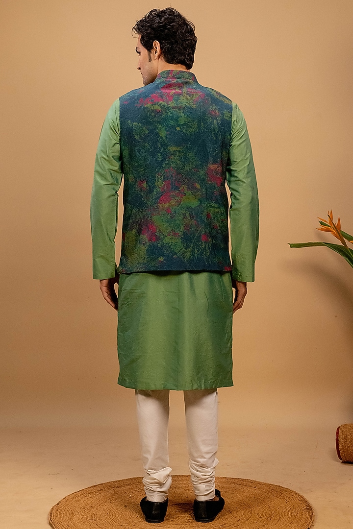 Green Cotton Silk Printed & Embroidered Bundi Jacket Set by Agape Men at Pernia's Pop Up Shop