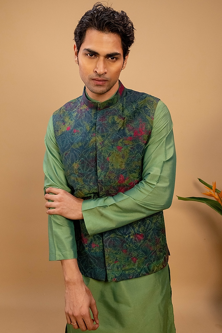 Green Cotton Silk Printed & Embroidered Bundi Jacket Set by Agape Men at Pernia's Pop Up Shop